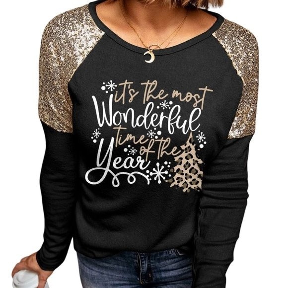Black Its the most Wonderful time of year Christmas Season Sequin Shoulder Top - Picture 4 of 4